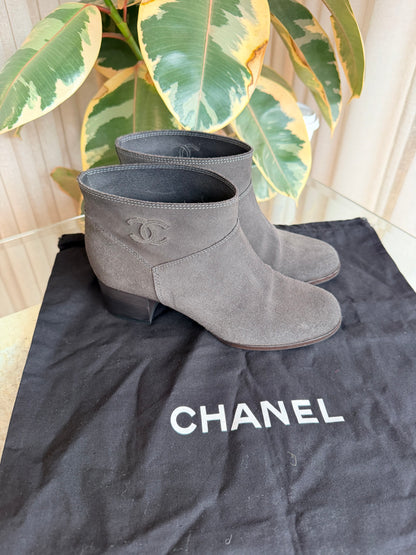 Chanel Dark Grey Suede Short Boots - Size 37