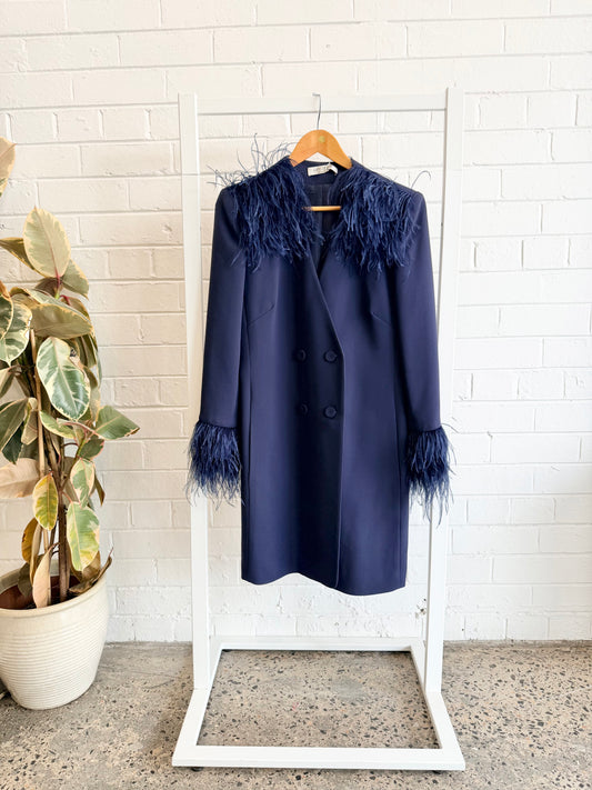 Carla Zampatti Navy Feather Trim Jacket Dress - Size 10