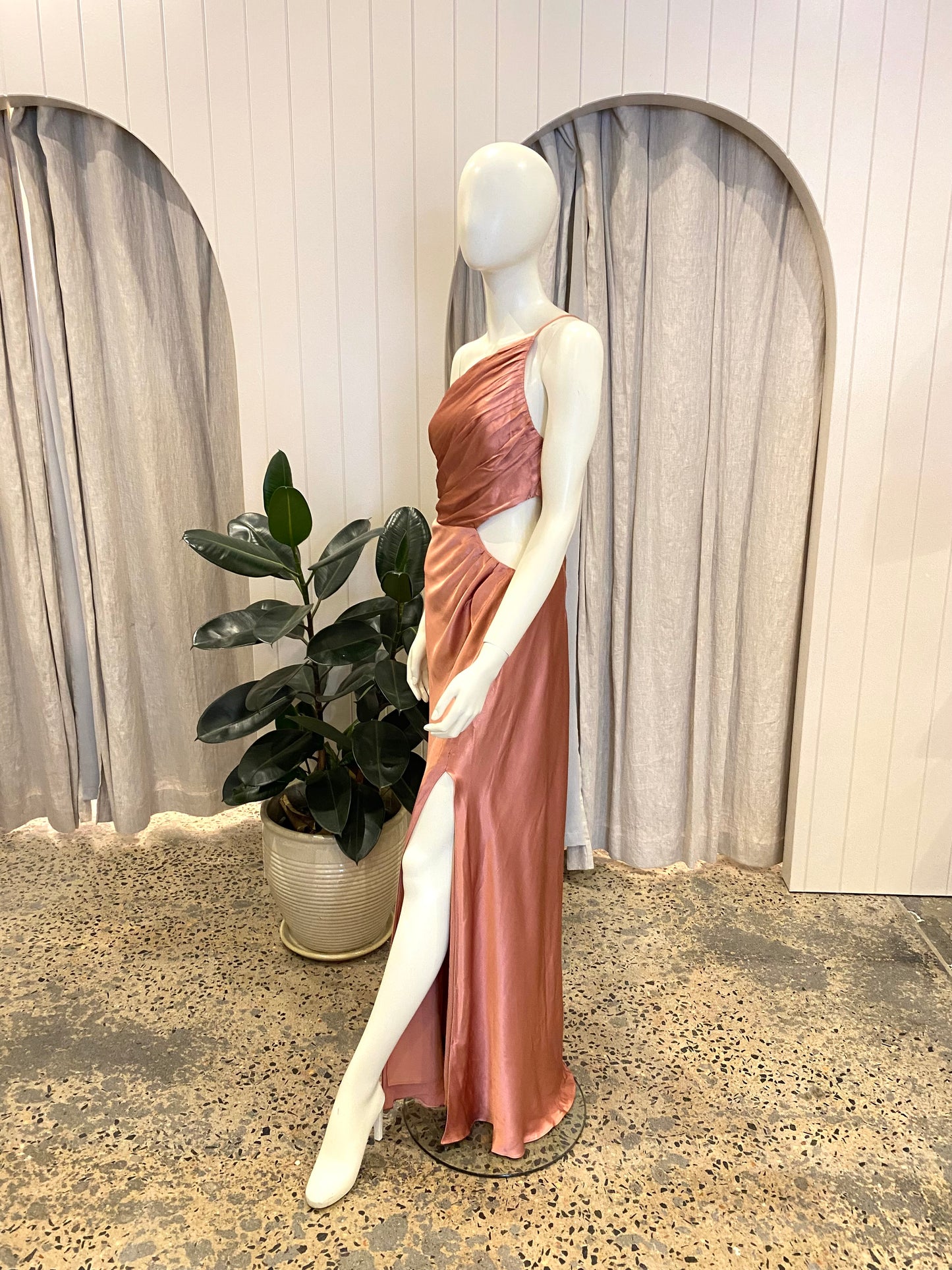 Shona Joy Asym Gathered Midi Dress in Antique Rose - Size 12