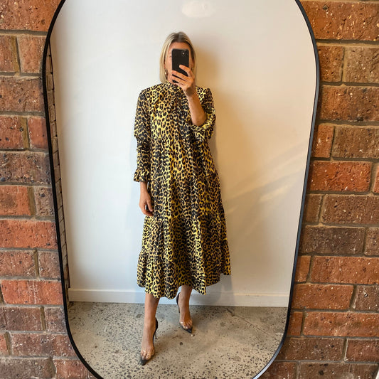 Ganni Yellow Leopard Print Midi Dress - Size 10