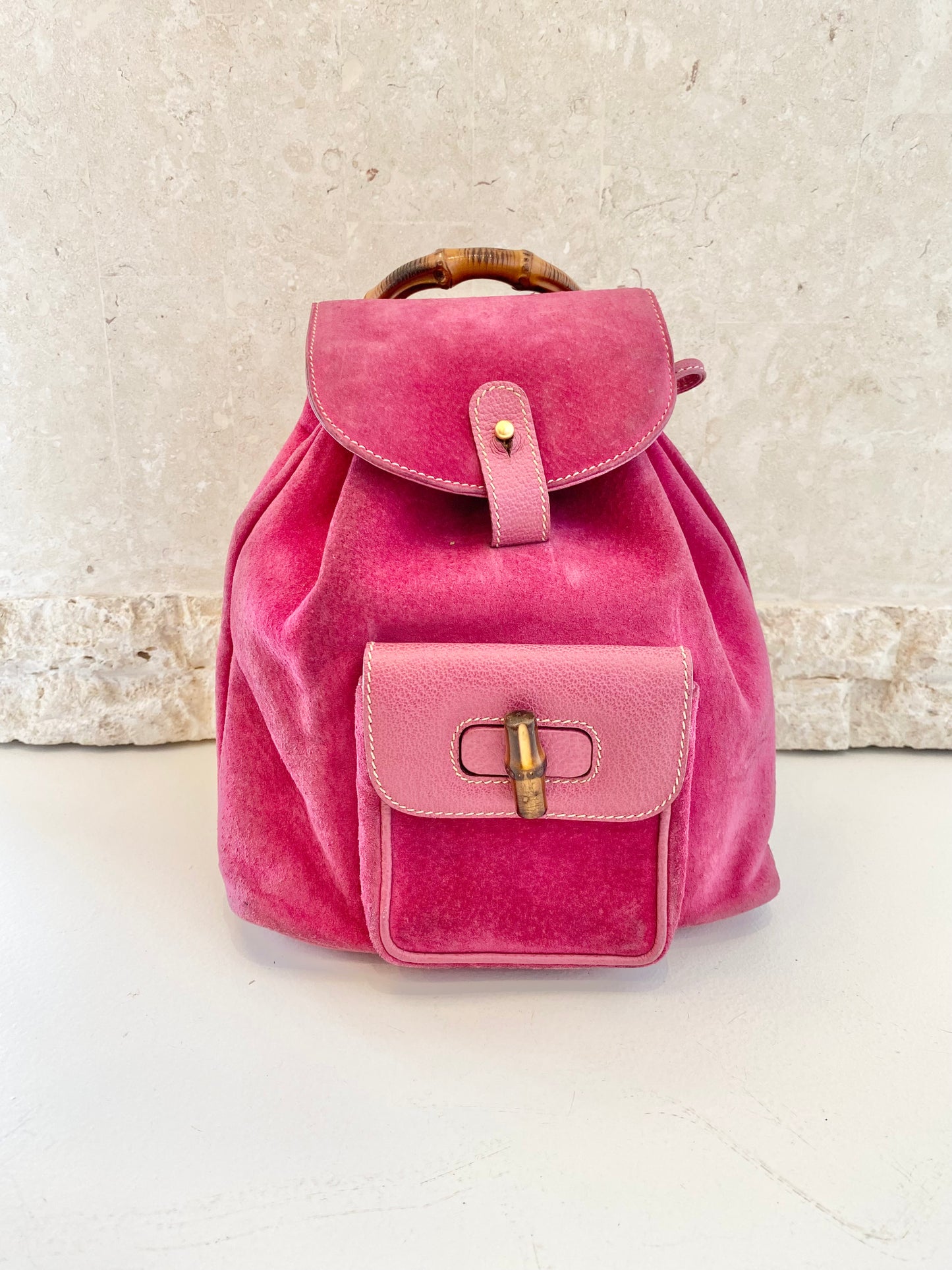 GUCCI Pink Suede Bamboo Drawstring Backpack