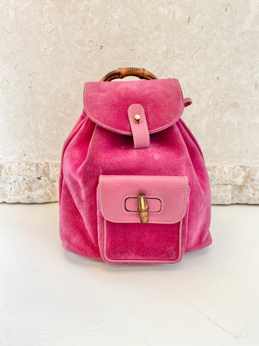 GUCCI Pink Suede Bamboo Drawstring Backpack