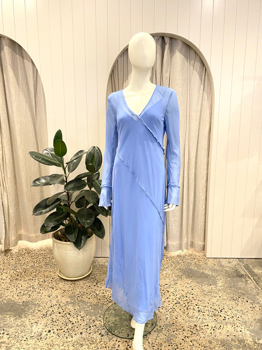 Country Road Silk Georgette Long Sleeve Midi Dress in Blue - Size 12