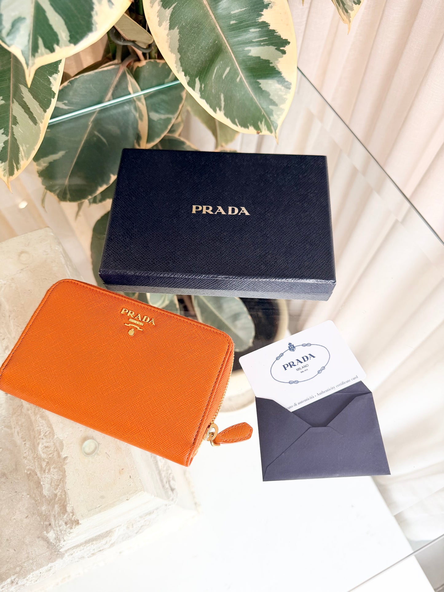 Prada Papaya Saffiano Zip Around Wallet
