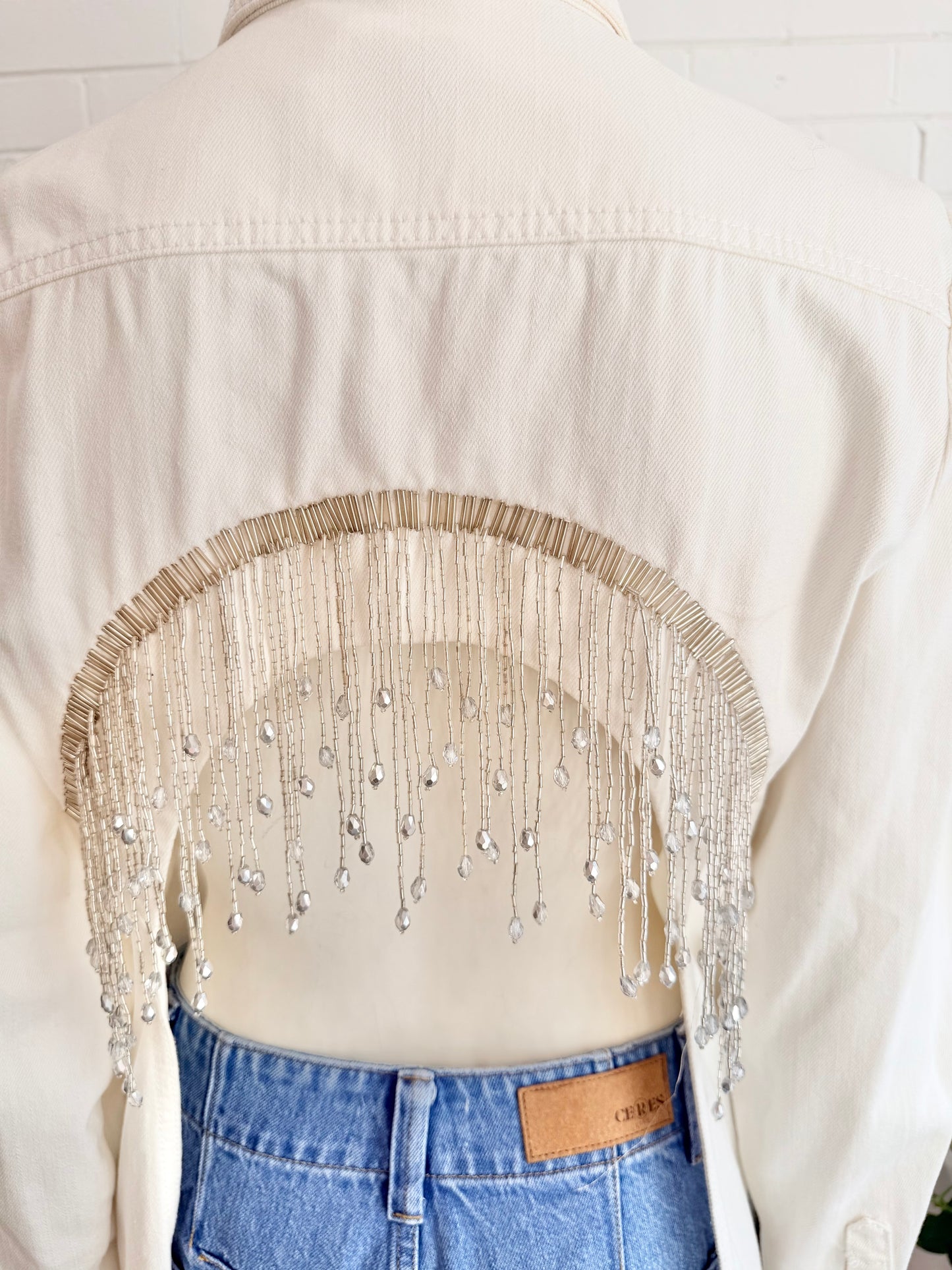 AJE Fringe Denim Jacket in White - Size 8