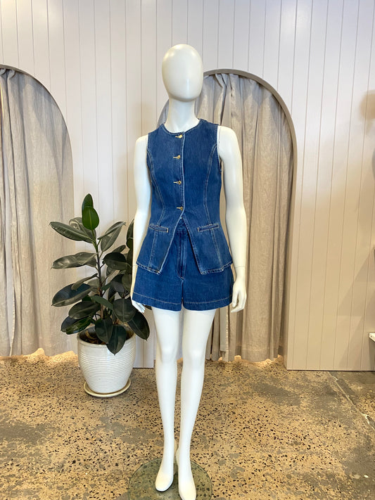 Meshki Denim Short & Vest Set in Blue - Size 8