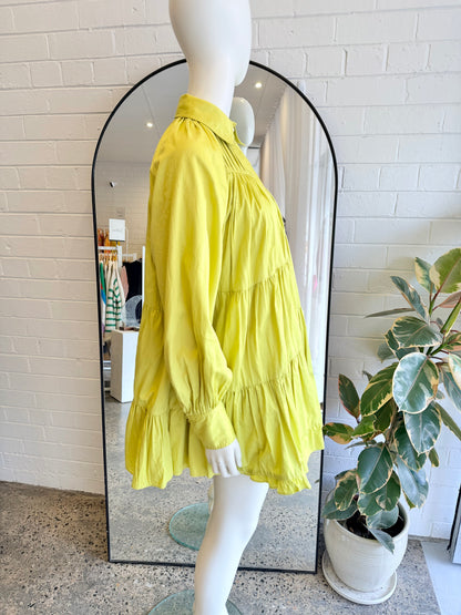 AJE 'Cascade' Smock Dress in Chartreuse Green - Size 8