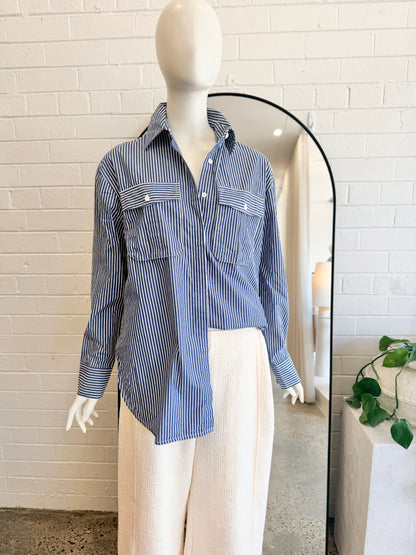 ODE Oversized Shirt in Blue/White stripe - Size 8 - Pre-Loved Geelong