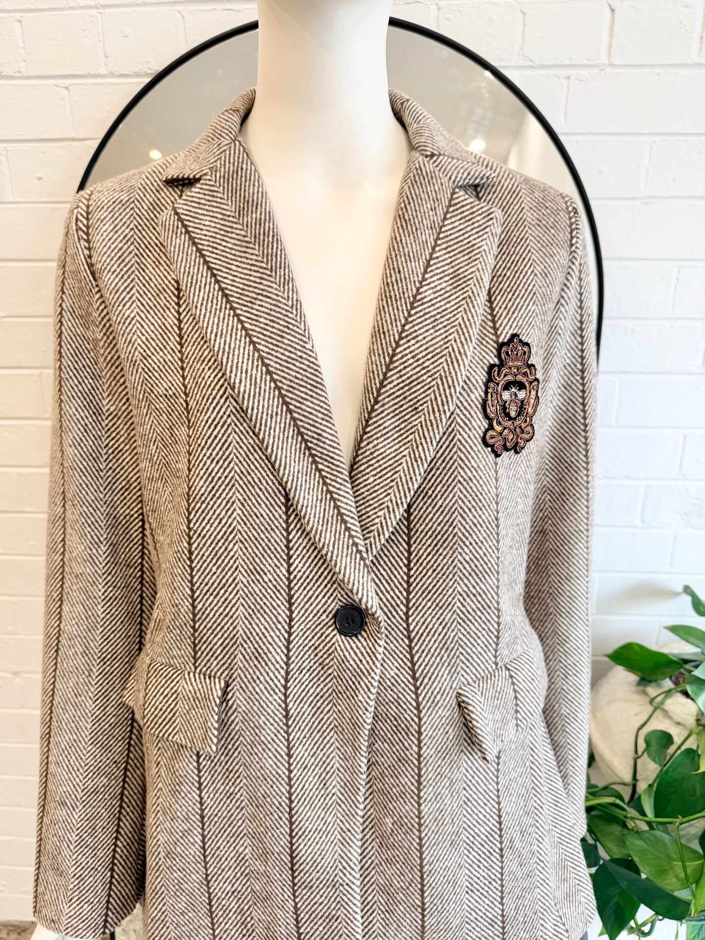 Urban Luxury Brown Wool Blend Herringbone Blazer - Size S (10)