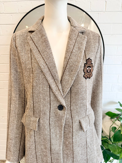Urban Luxury Brown Wool Blend Herringbone Blazer - Size S (10)