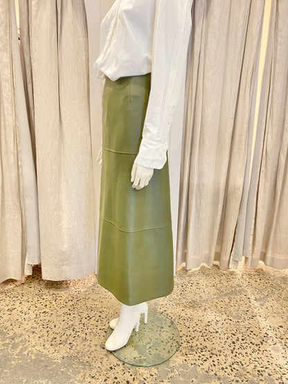 Serafina Vegan Leather Midi Skirt in Olive - Size 14