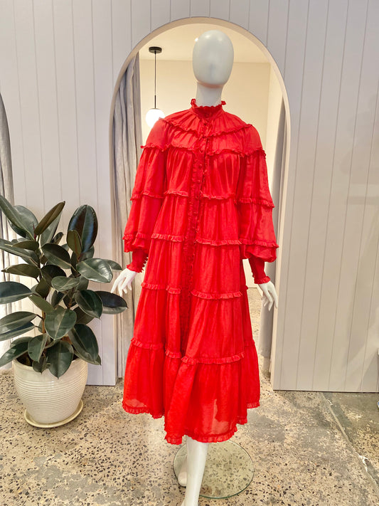 Leo Lin In The Flame Red Linen Silk Midi Dress - Size 10