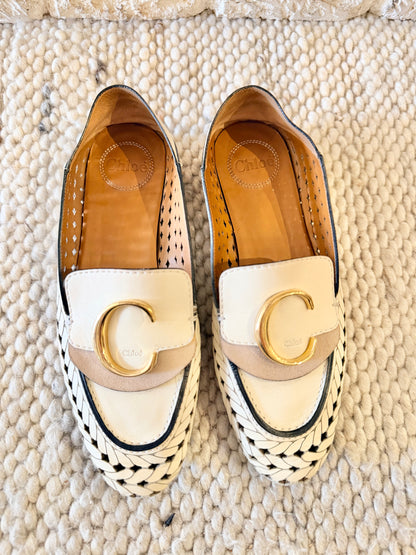 Chloe Cream C Woven Leather Loafers - Size 38