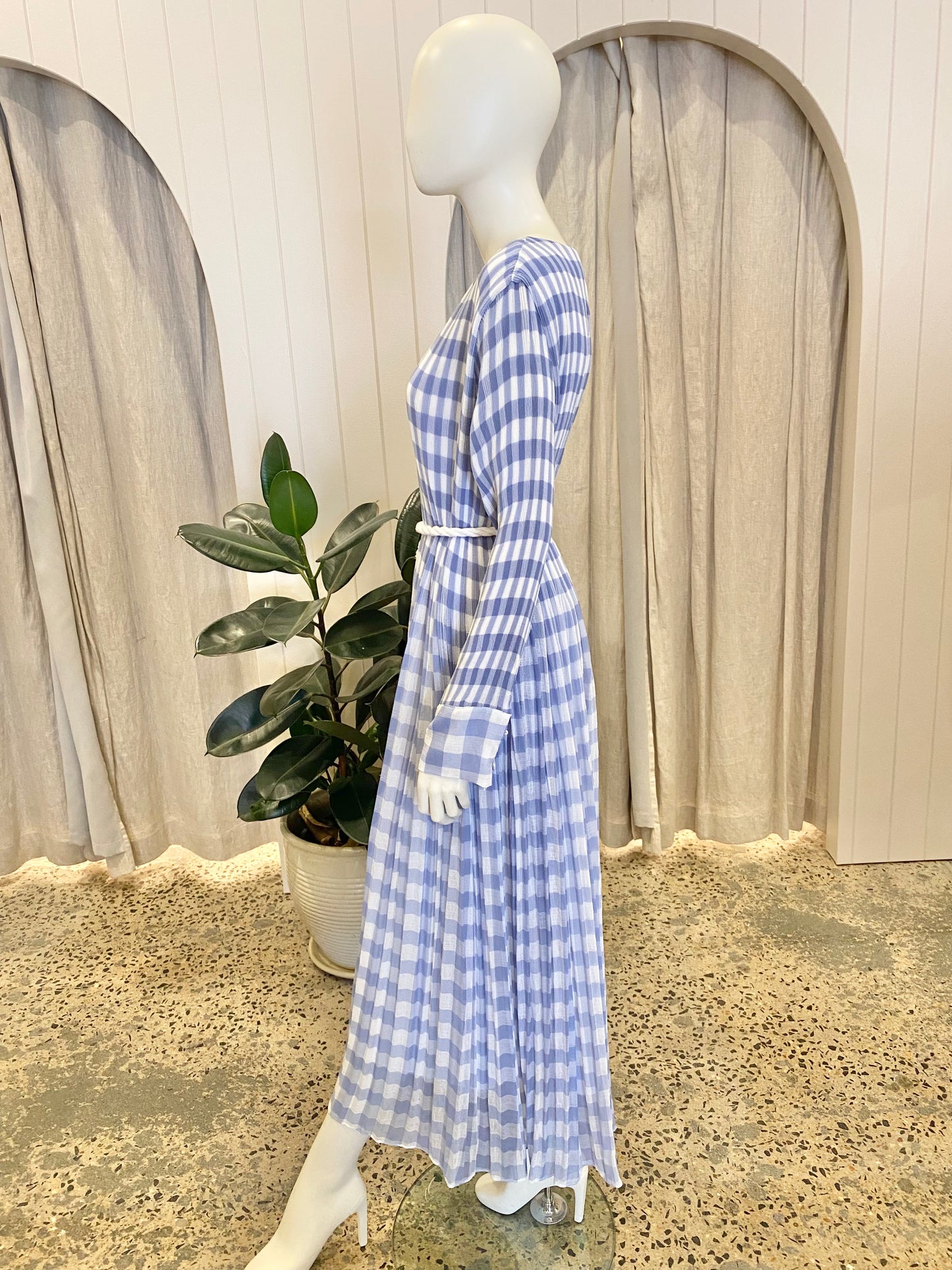 Bohemian Traders French Blue Check Pleated Maxi Dress - Size 2XL (18)