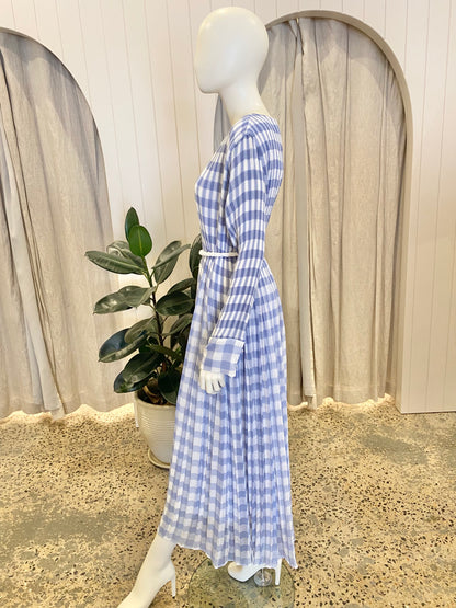 Bohemian Traders French Blue Check Pleated Maxi Dress - Size 2XL (18)