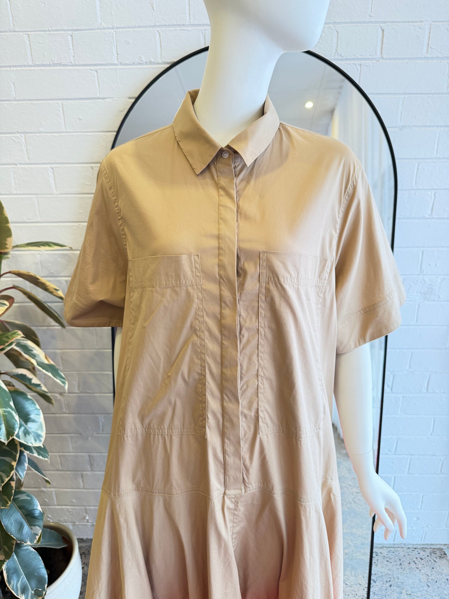 Lee Mathews Beige/Orange Charlotte Spliced Midi Dress - Size 4 (14)