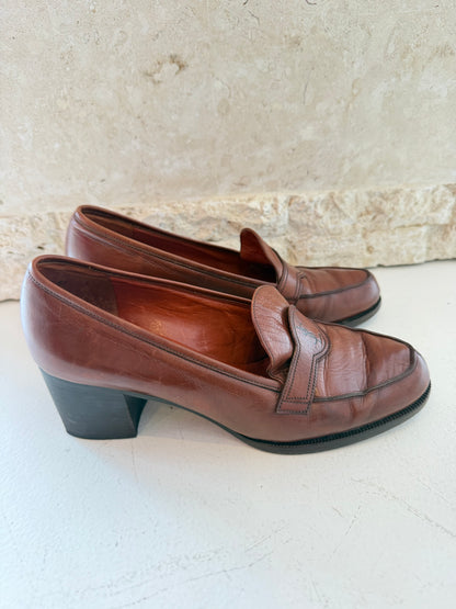 Yves Saint Laurent Vintage Brown Leather Heeled Loafer - Size 37.5