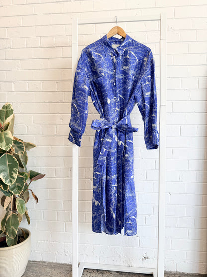 Oroton Blue Silk Map Print Midi Dress - Size 14