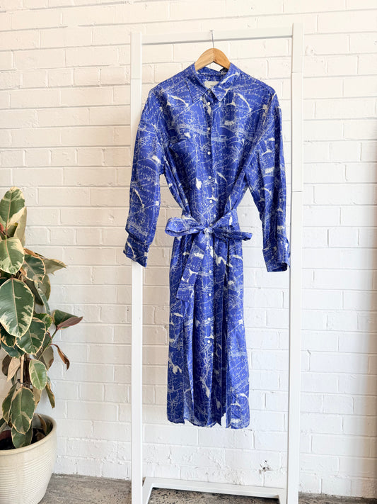 Oroton Blue Silk Map Print Midi Dress - Size 14