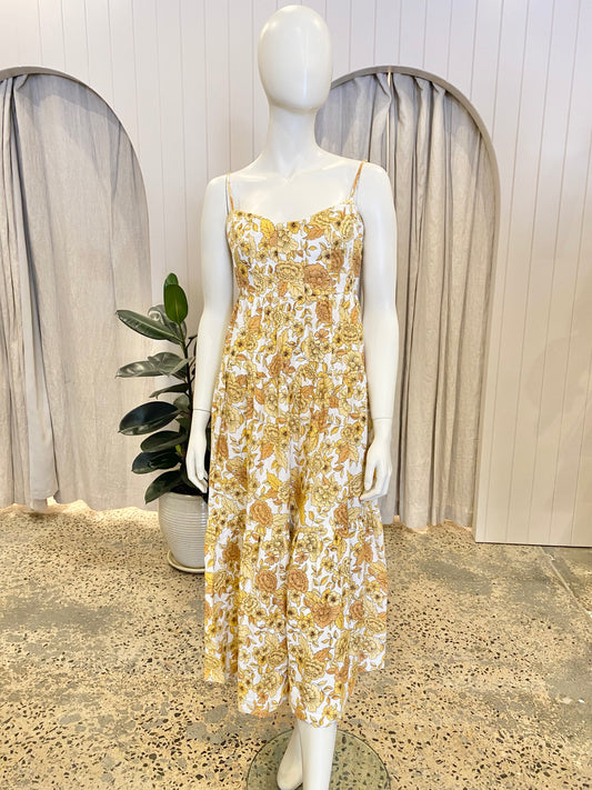 Shona Joy Saffron Shirred Tiered Midi Dress - Size 12