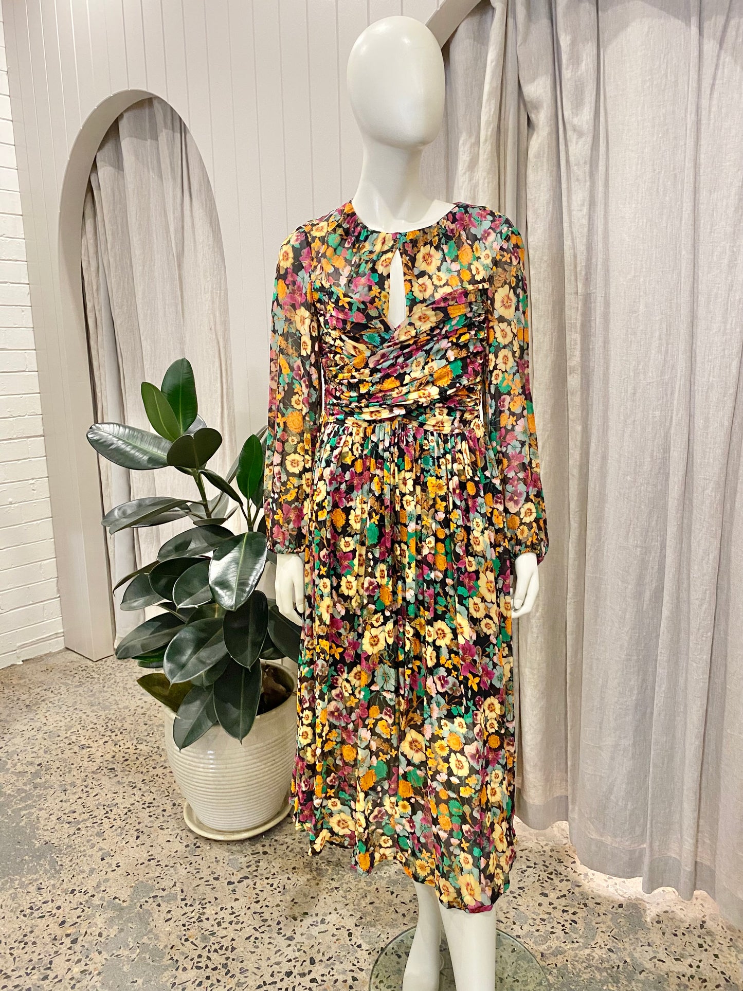 Husk Floral Silk Midi Dress - Size 10
