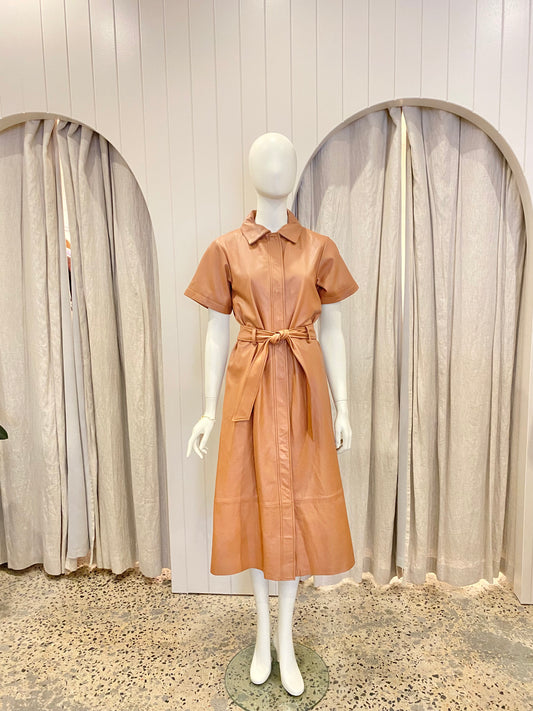Iris & Ink Lambskin Leather Belted Midi Dress in Tan - Size 14