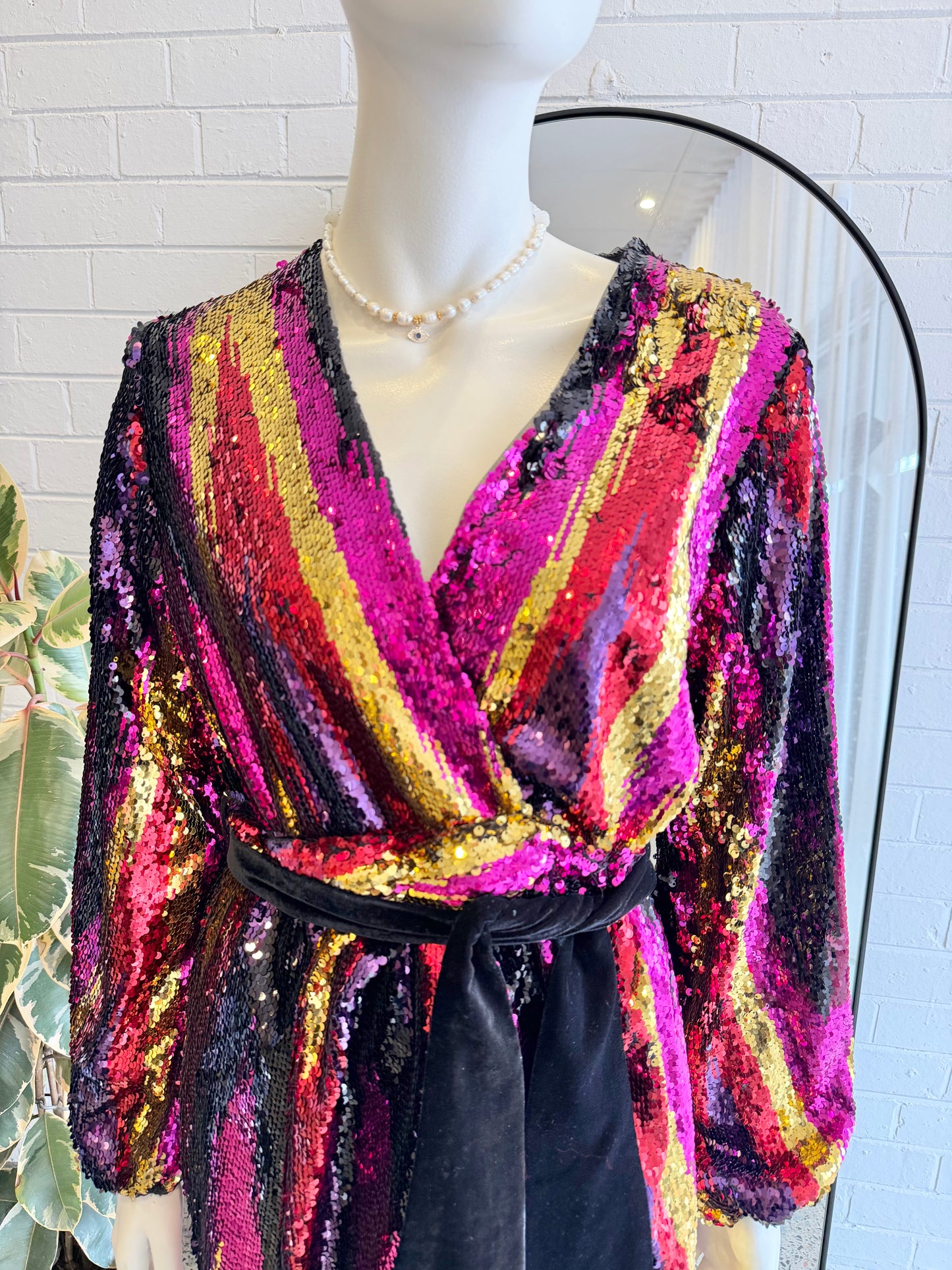 Rebecca Vallance Kaia Sequin Wrap Mini Dress - Size 8