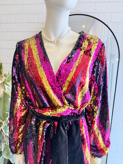 Rebecca Vallance Kaia Sequin Wrap Mini Dress - Size 8