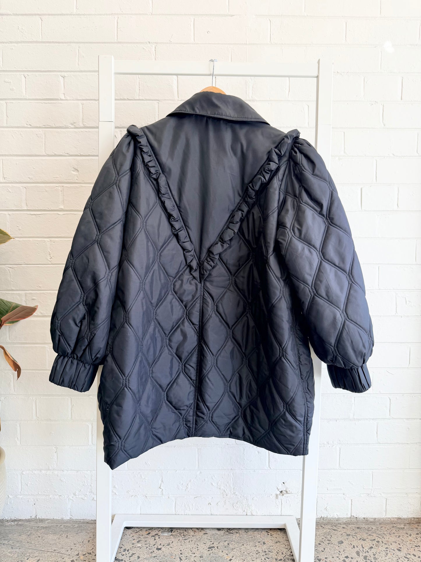 Ganni Black Quilted Frill Zip Up Jacket - Size 16 - 18