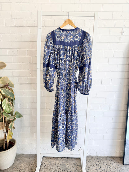 Caravan + Co Silk-Cotton Floral Pintuck Dress - Size 14