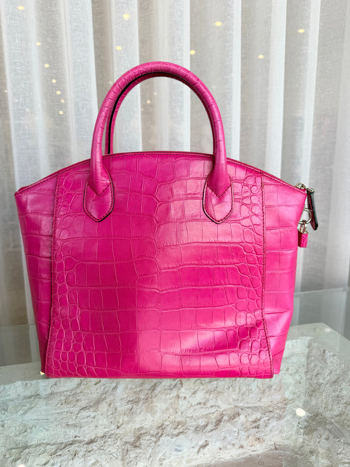 MCM Hot Pink Munchen Crocodile Embossed Leather Satchel Bag