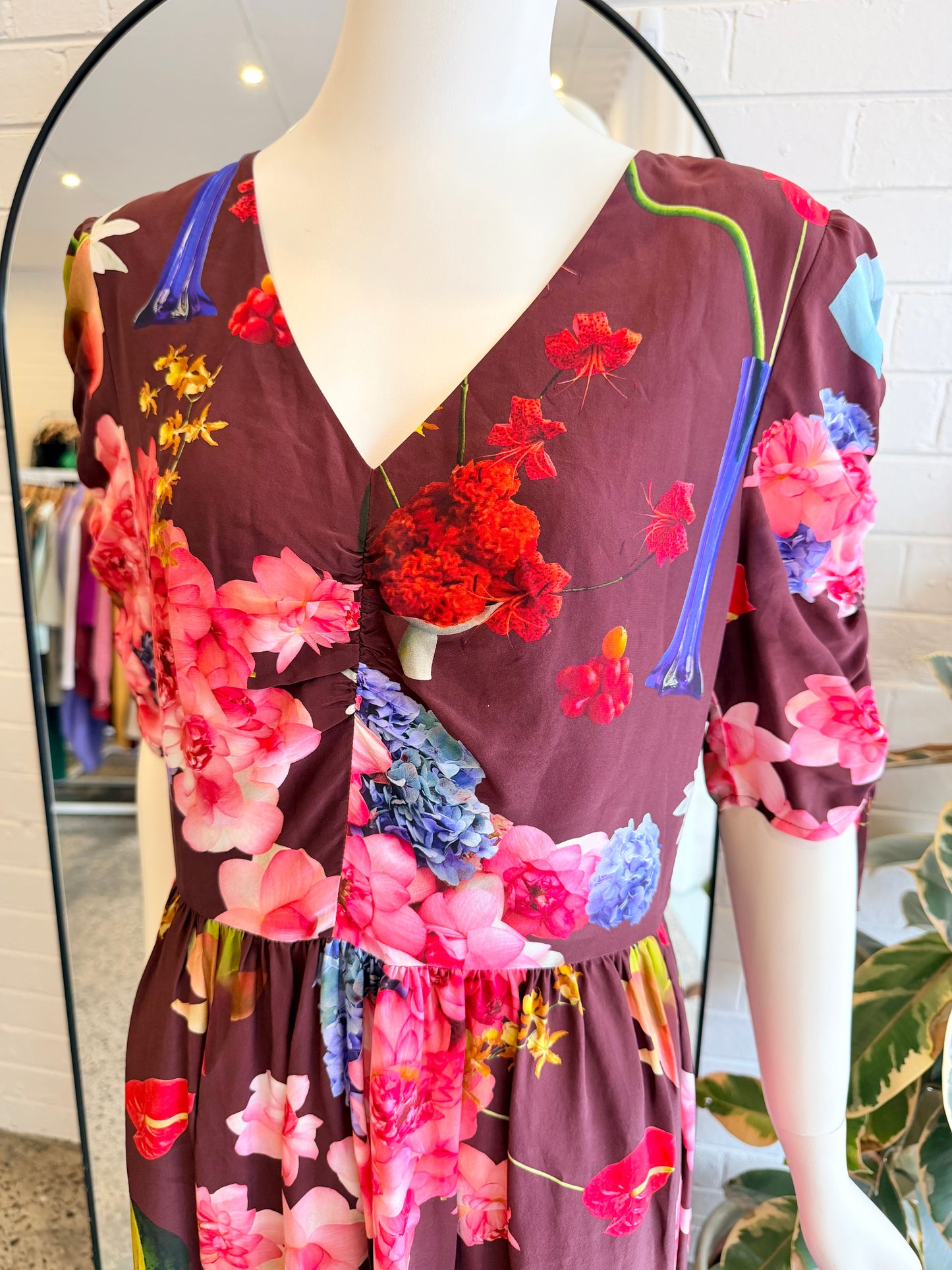 Gorman Dark Floral Print Still Life Long Dress - Size 12