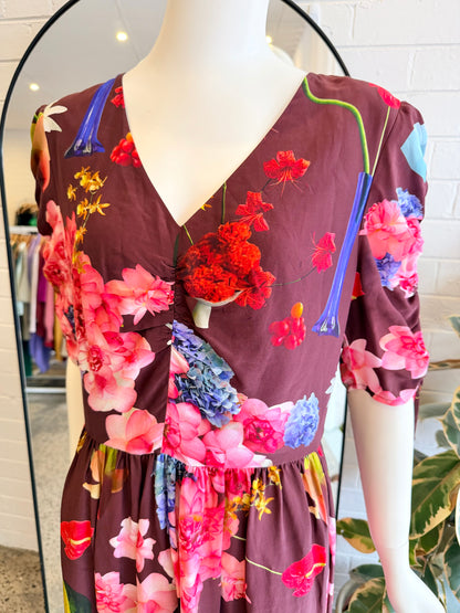 Gorman Dark Floral Print Still Life Long Dress - Size 12