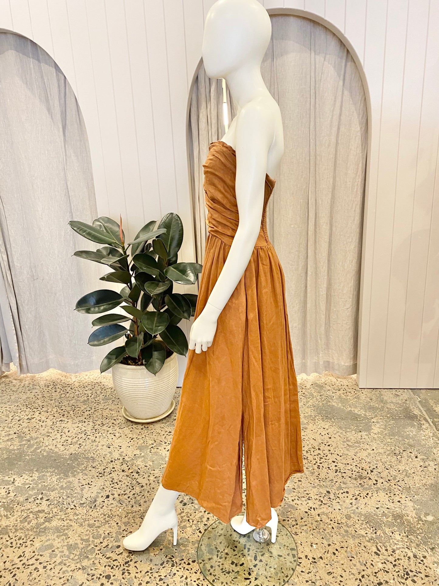 Dissh 'Lexi' Spice Linen Midi Dress in Tan - Size 12