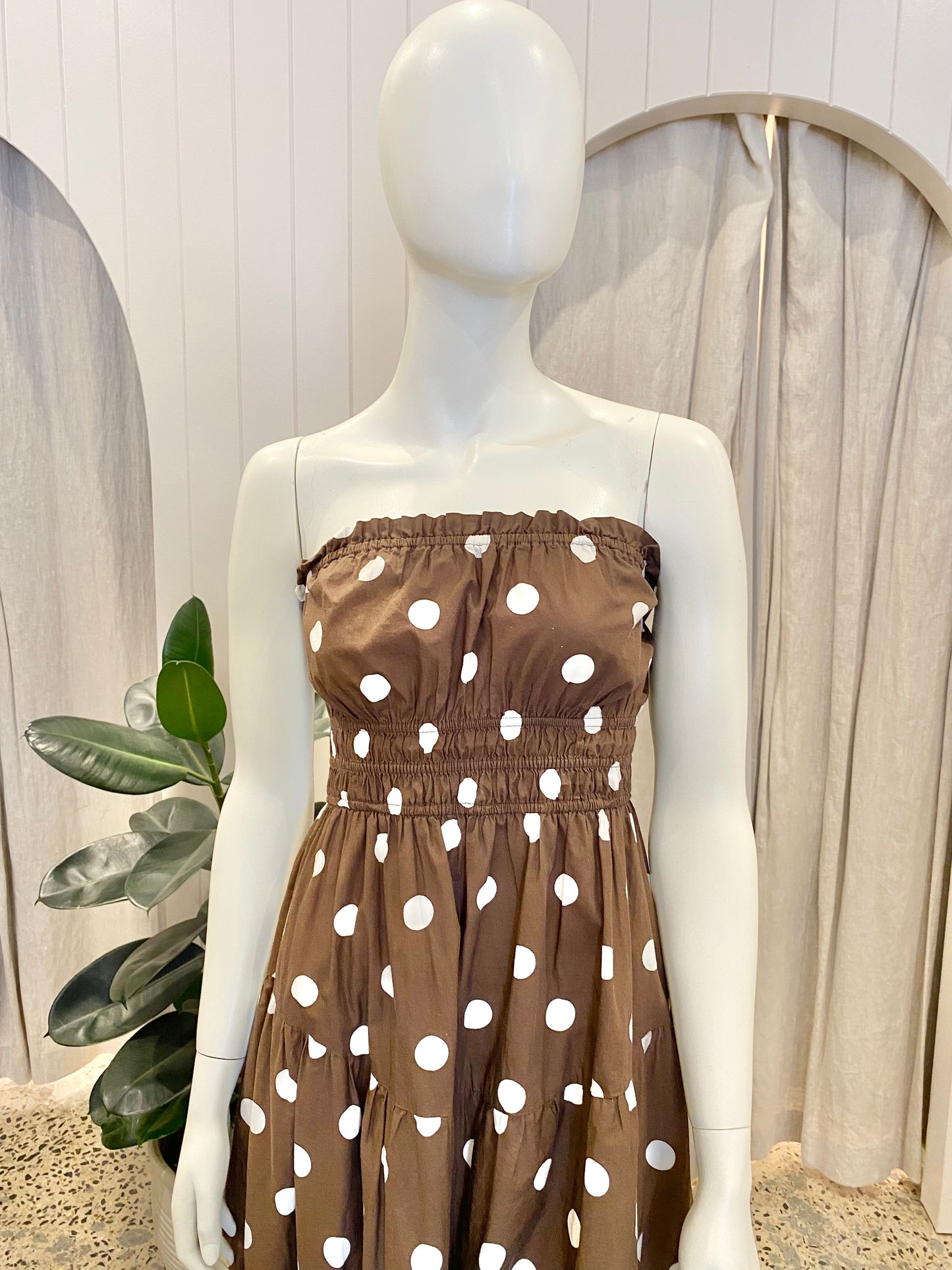 Kivari Brown Polka Dot Strapless Midi Dress - Size 12
