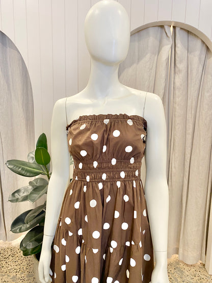 Kivari Brown Polka Dot Strapless Midi Dress - Size 12