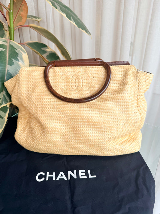 Vintage Chanel Raffia Woden Handle Tote Bag