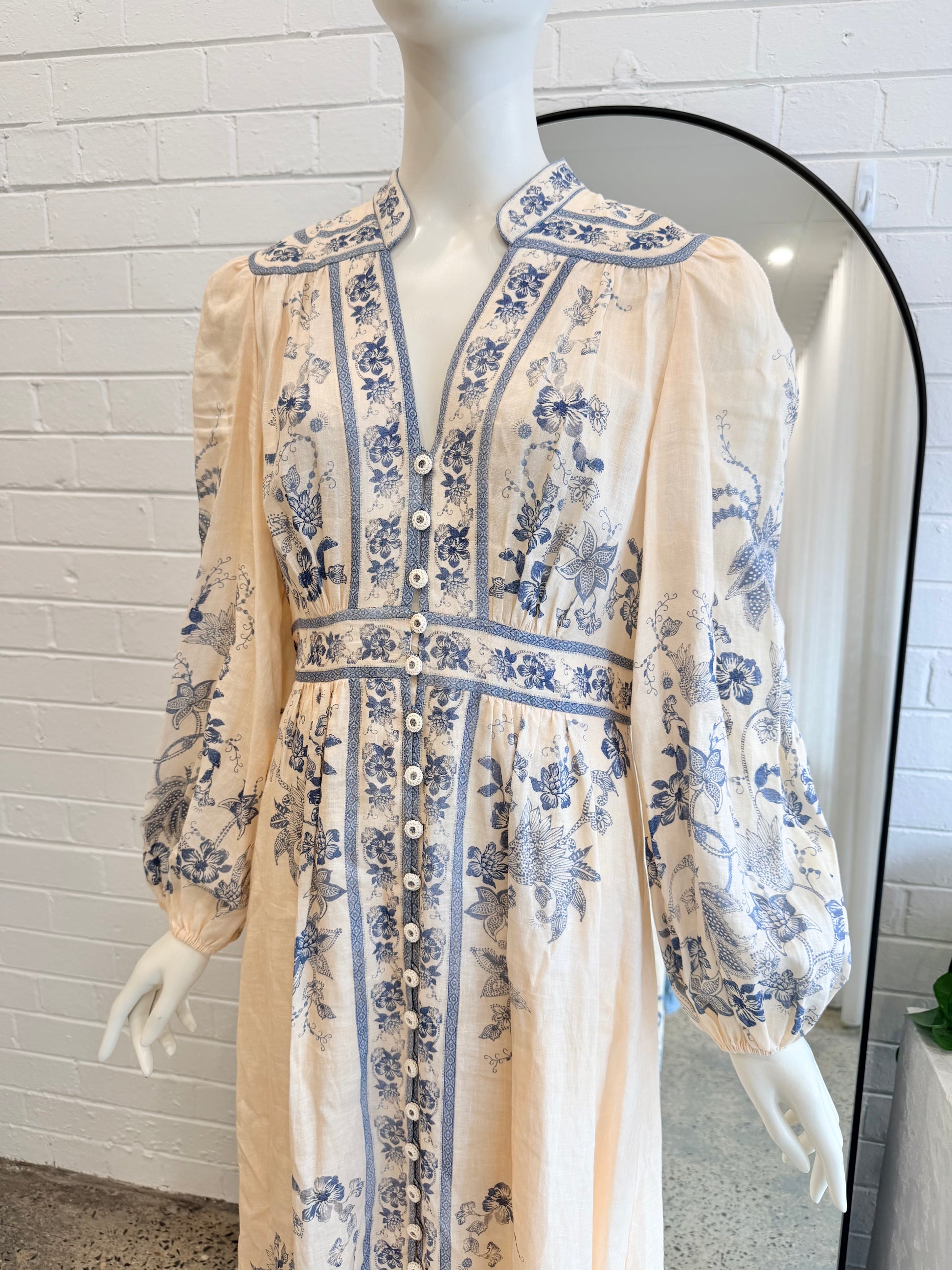Zimmermann Cream and Blue Lucky Plunge Midi Dress - Size 3 (12) - Pre-Loved Geelong