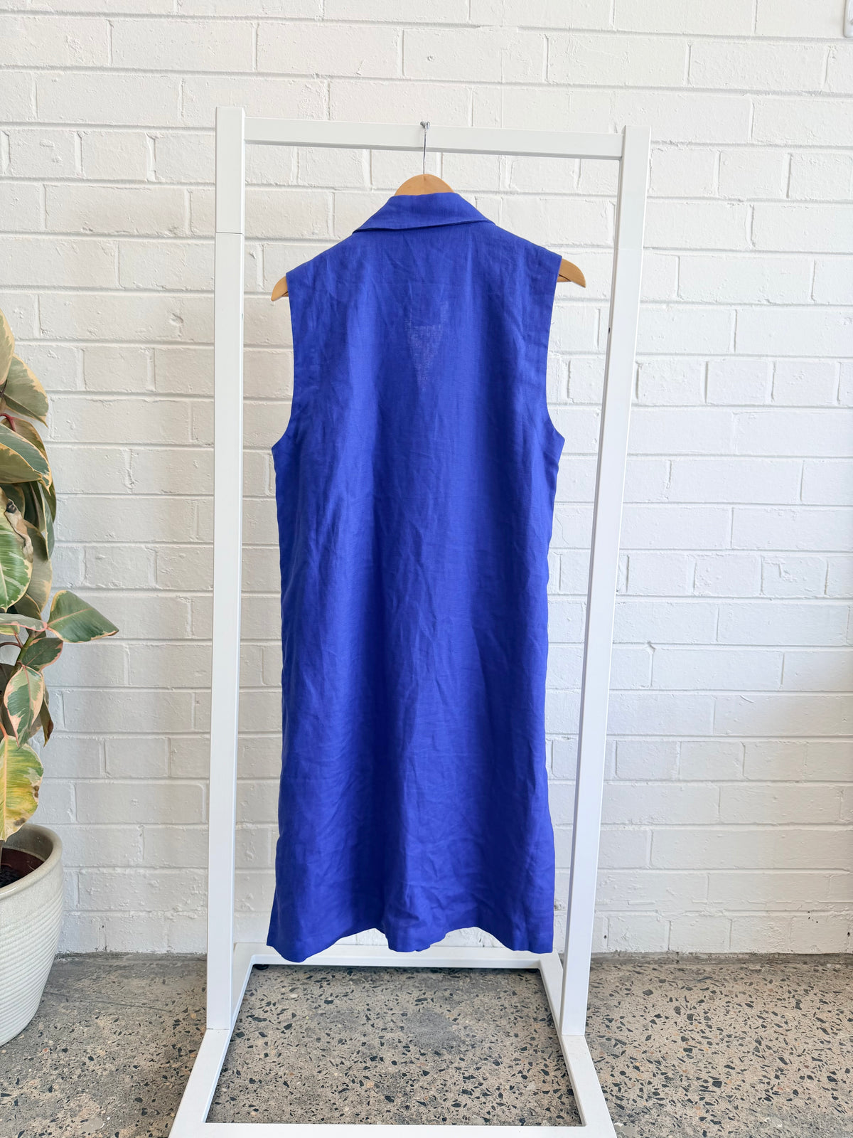 Elk Double Breasted French Linen Midi Dress - Cobalt Blue - Size M/L