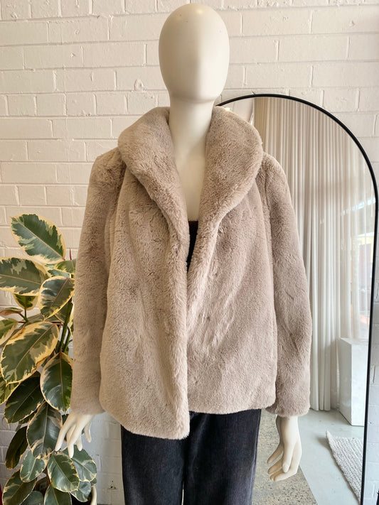 Ena Pelly Faux Fur Jacket in Taupe - Size 6-8