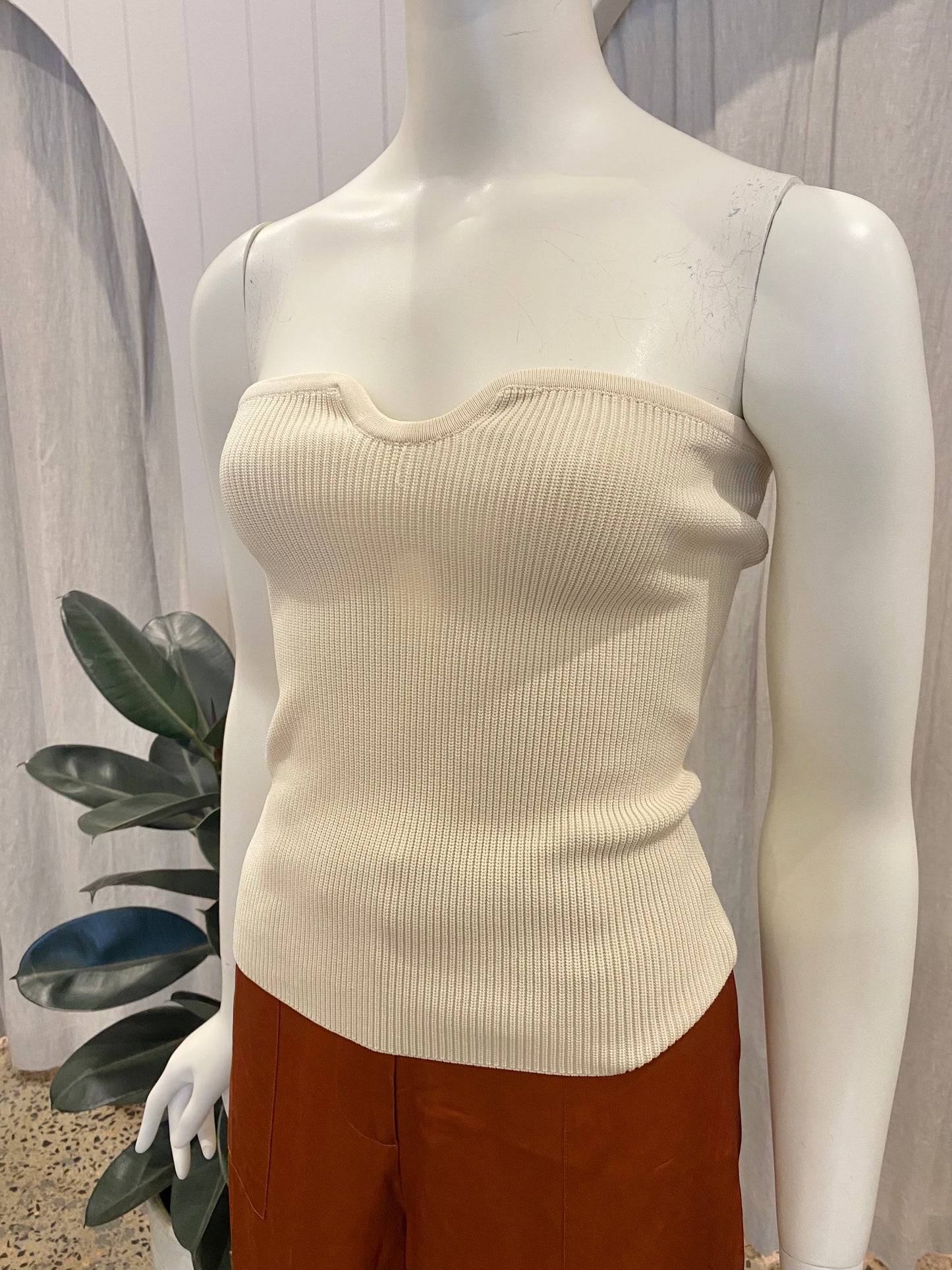 Dissh Ribbed Knit Strapless Top in Oatmeal - Size 12