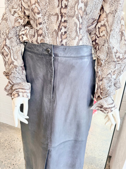 BINNY Leather Midi Skirt in Navy - Size 10 - Pre-Loved Geelong