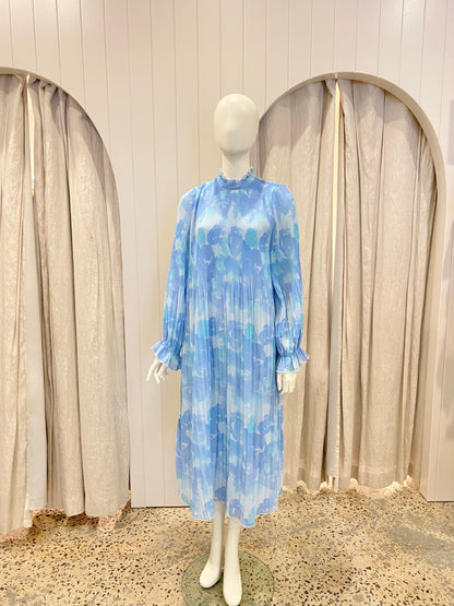 Ganni Pleated Georgette Dress in Blue - Size 38 (AU 10)