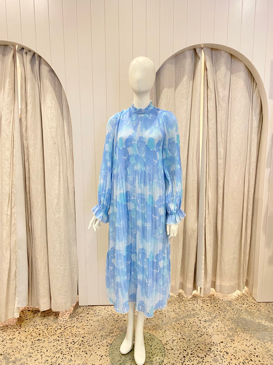 Ganni Pleated Georgette Dress in Blue - Size 38 (AU 10)