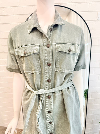 Ena Pelly Belted Denim Dress in Sage green - Size 12