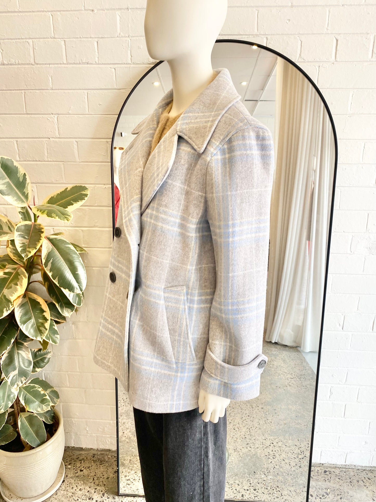 Country Road Grey Check Pea Coat - Size 14