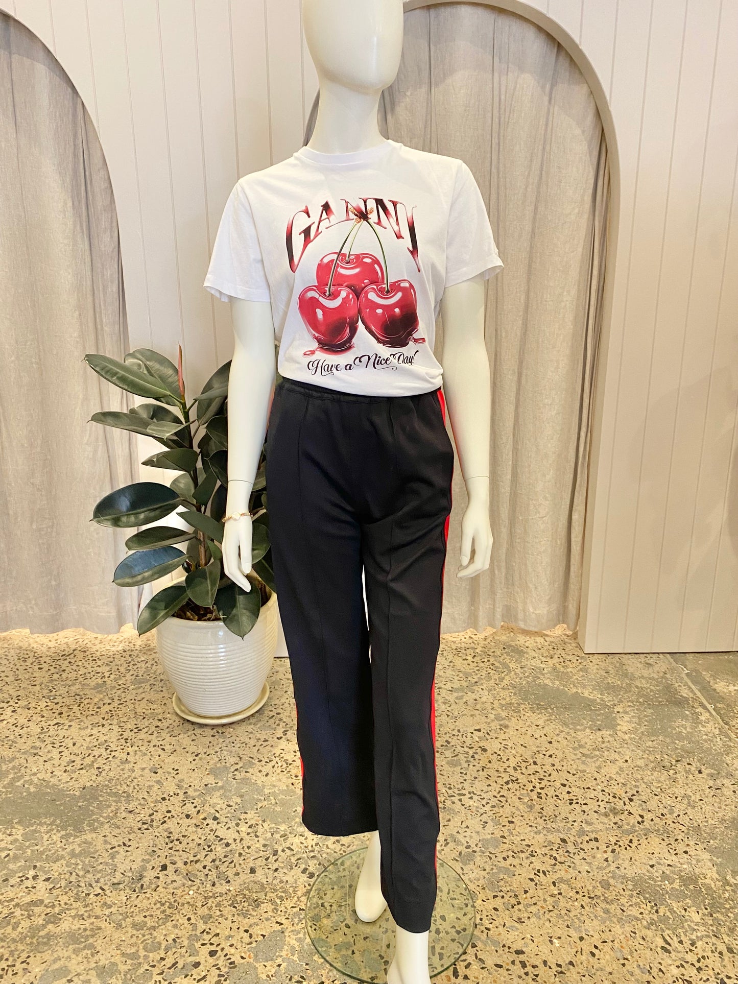 BASSIKE Twill Stripe Detail Pant in Black/Red - Size 1 (8/10)