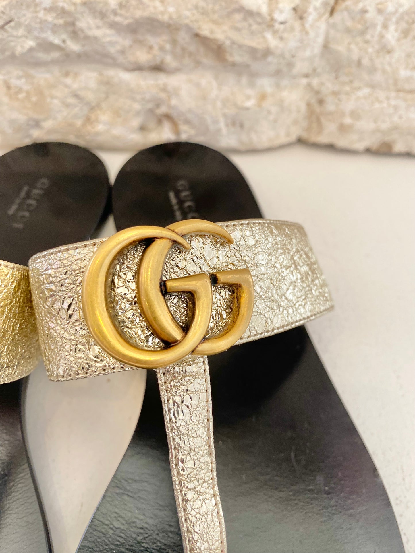 Gucci Black and Gold Marmount Thong - Size 41