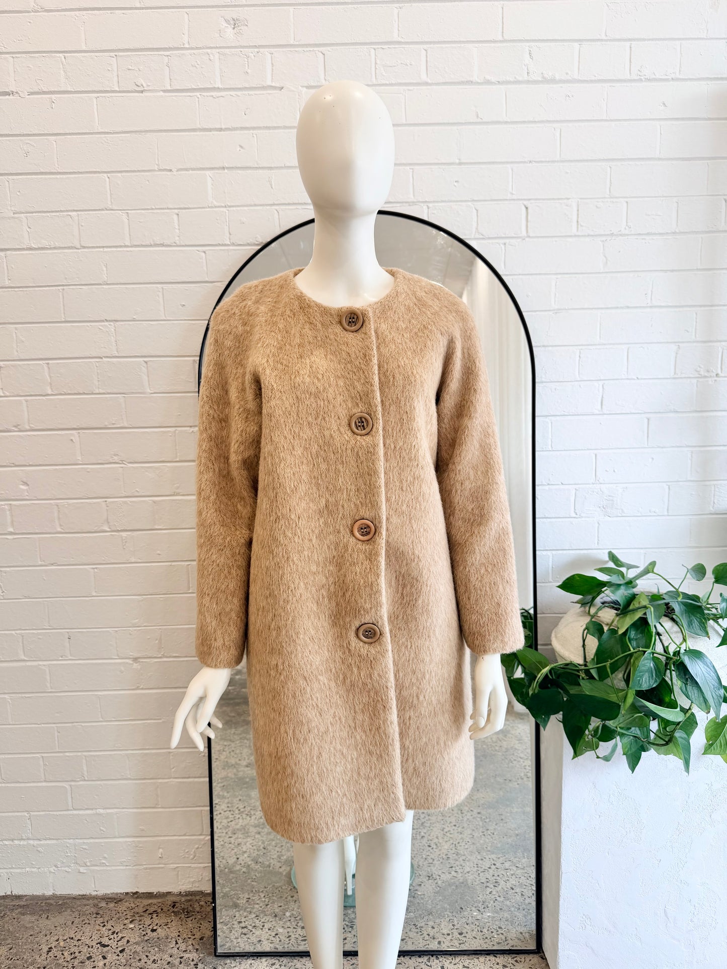 Vintage Wayne Cooper Camel Round Neck Wool Blend Coat - Size 3 (10 - 12)