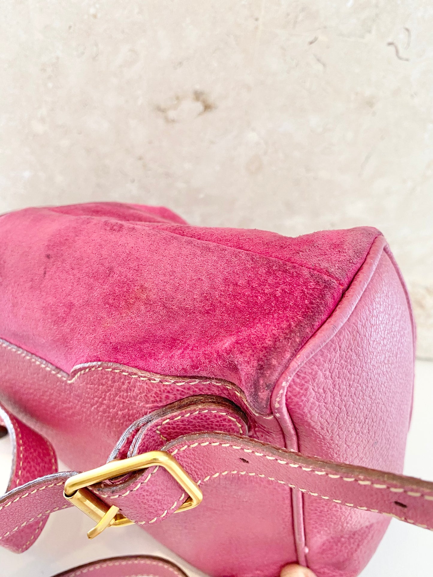 GUCCI Pink Suede Bamboo Drawstring Backpack